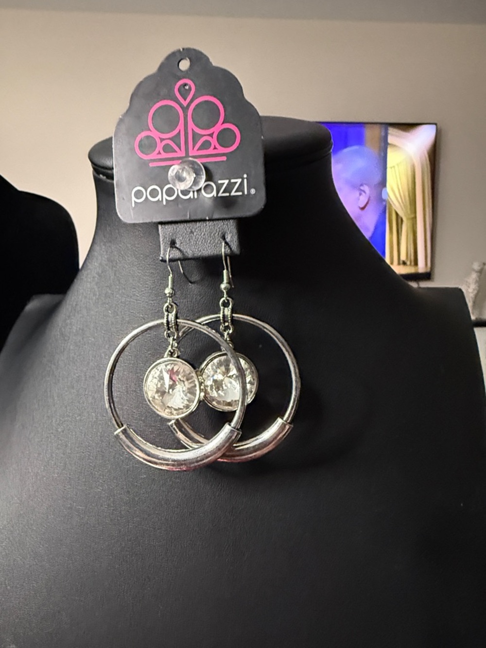 paparazzi Silver Hoop Earrings with Clear Crystal Drops